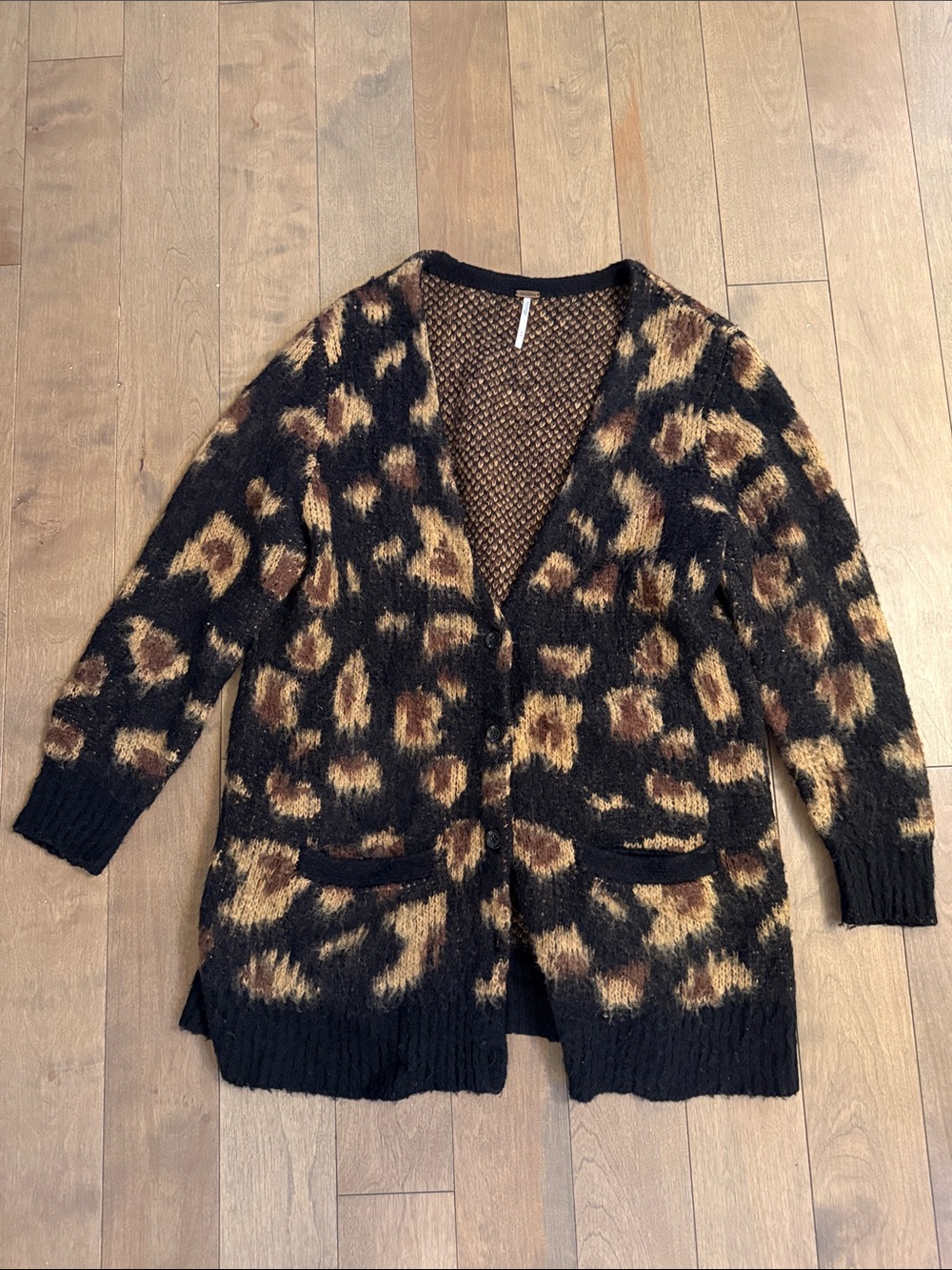 Free People Black Leopard-Print Open Cardigan with Brown Spots